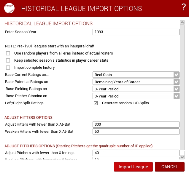 Historical League Import Options
